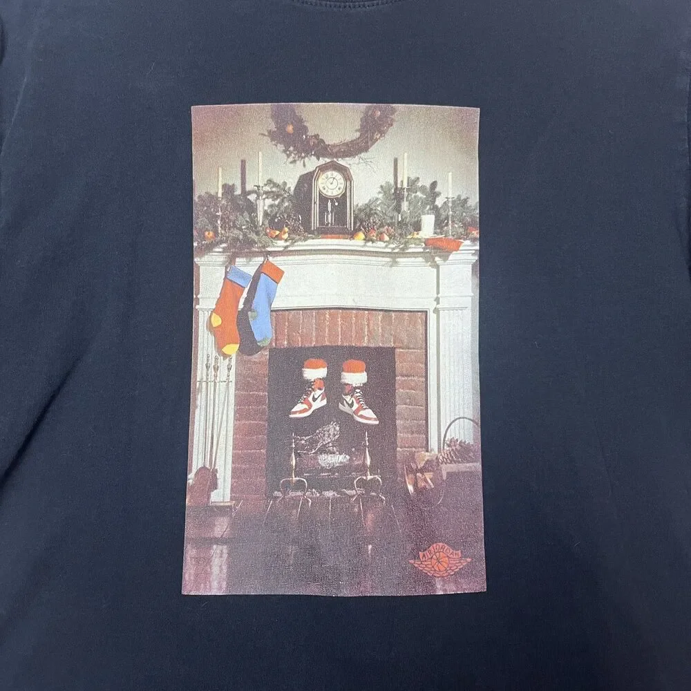 Jordan AJ1 Christmas Fireplace Graphic T Shirt Men S Black Holiday Streetwear